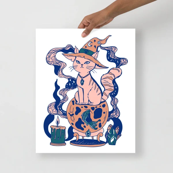 Pink cat art print featuring a magical fortune cat wearing a wizard hat and sitting on a pumpkin with mystical elements