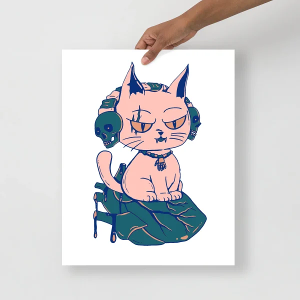 Pink cat art print featuring a wicked feline with pointed ears and skull headphones perched on a teal heart