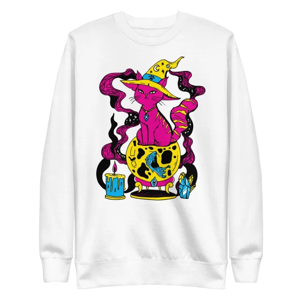 White pink cat art sweatshirt featuring a magical fortune cat design with wizard hat and crystal ball