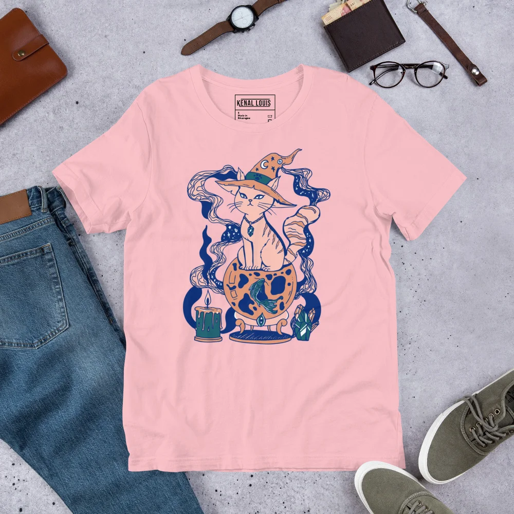 Pink cat t-shirt with magical fortune cat design featuring blue and orange artwork on front view