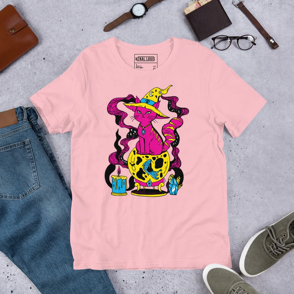 Pink Cat T-Shirt - Magical Cat of Fortune Cotton Tee