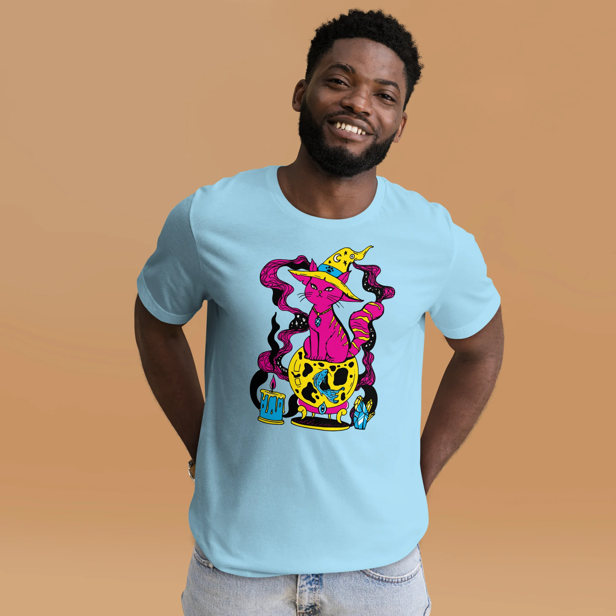 Man wearing ocean blue pink cat t-shirt with colorful magical fortune cat graphic design
