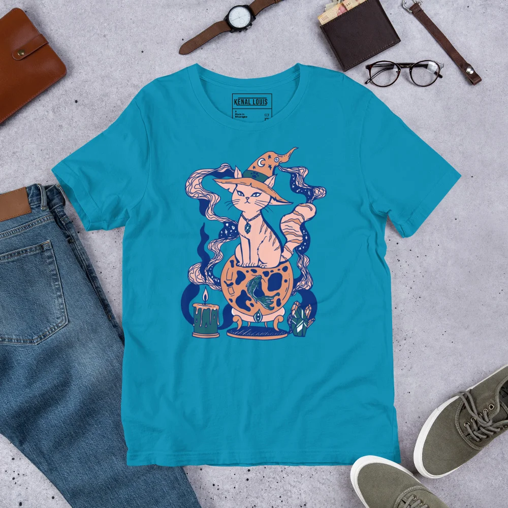 Turquoise pink cat t-shirt with magical fortune design featuring an enchanted cat holding mystical objects and surrounded by decorative elements