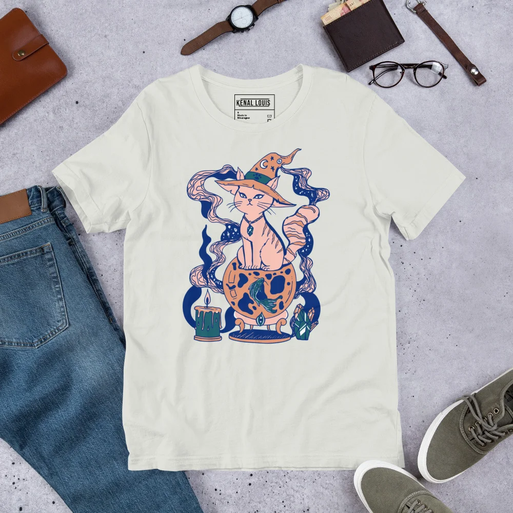 Cream cotton t-shirt with colorful pink cat graphic wearing a wizard hat holding magical items