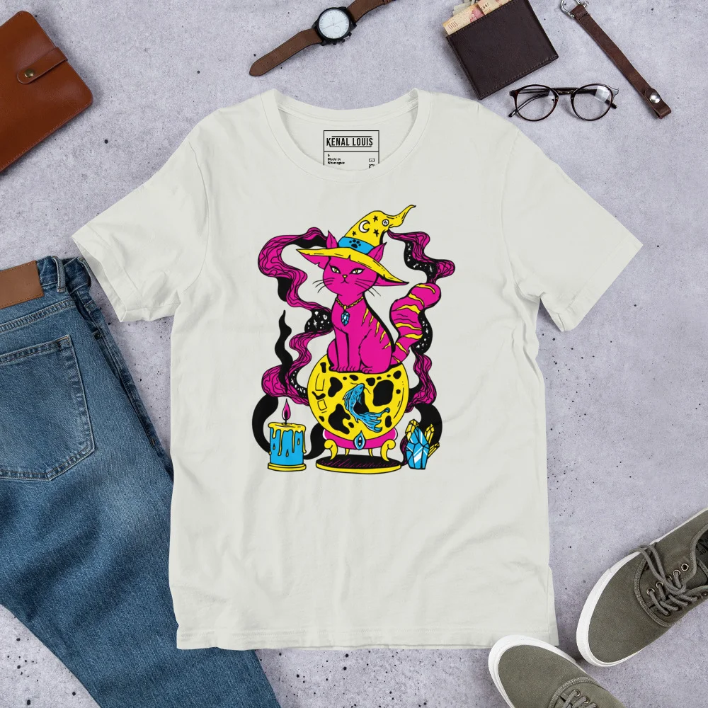 Pink cat t-shirt with magical fortune graphic in vibrant colors on cream cotton tee, displayed flat lay with accessories