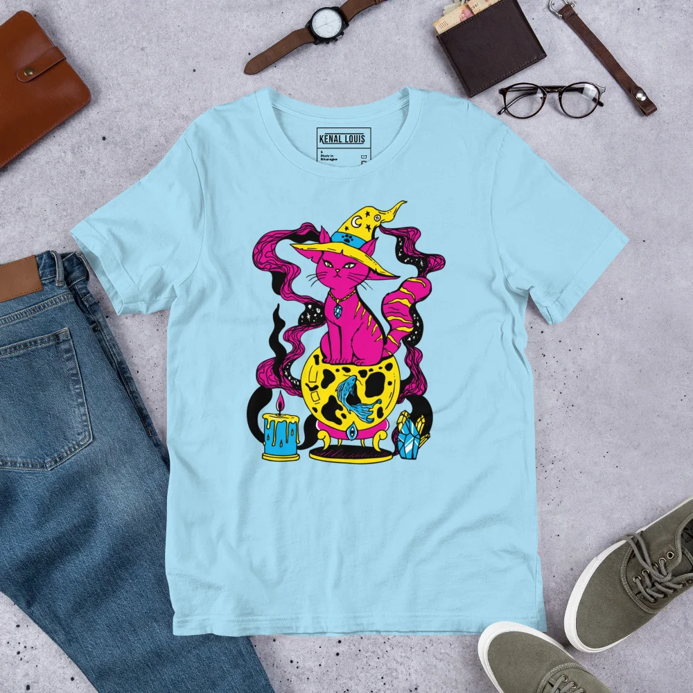 Light blue pink cat t-shirt featuring a magical fortune cat graphic with vibrant colors and mystical design elements