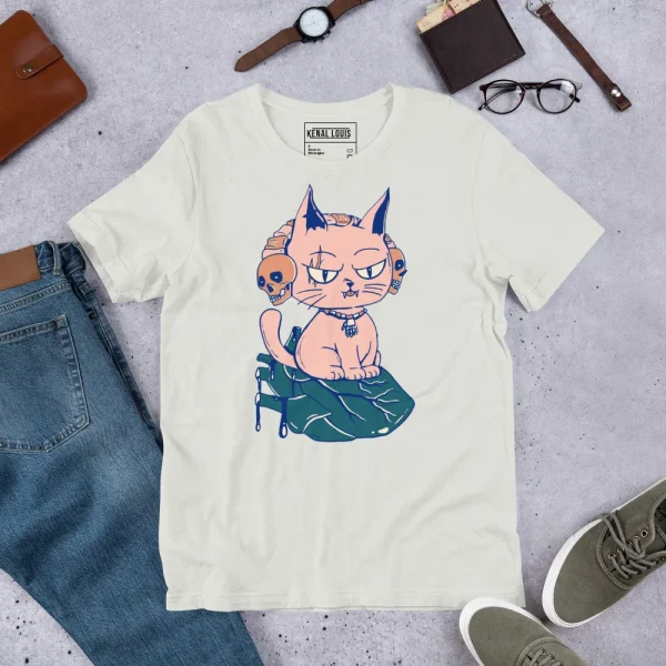 Cream pink cat t-shirt featuring a wicked cat graphic with heart design and blue accents