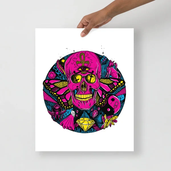 Vibrant pink skull art print with yellow and blue neon details, featuring ornate geometric patterns and mystical symbols in a circular composition.