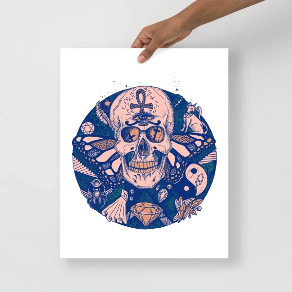 Pink skull art print featuring intricate circle of humanity design with blue symbolic elements and geometric patterns