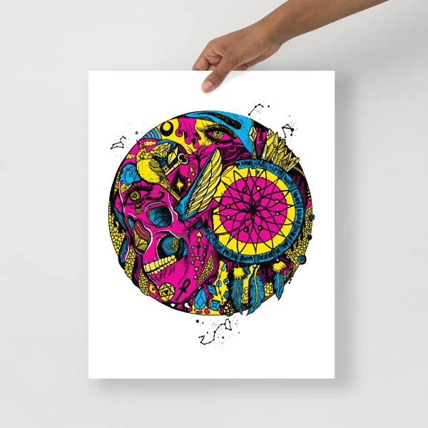 Colorful pink skull dreamcatcher art print with blue, yellow, and magenta geometric patterns and celestial designs