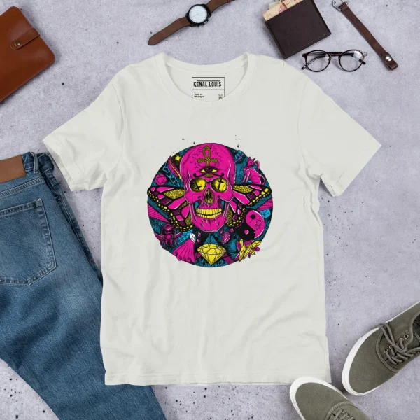 White pink skull t-shirt with colorful circle of humanity art design featuring vibrant magenta and yellow details