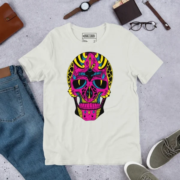 Cream pink skull t-shirt with vibrant CMYK time skull graphic and sunglasses design, styled with jeans and accessories.