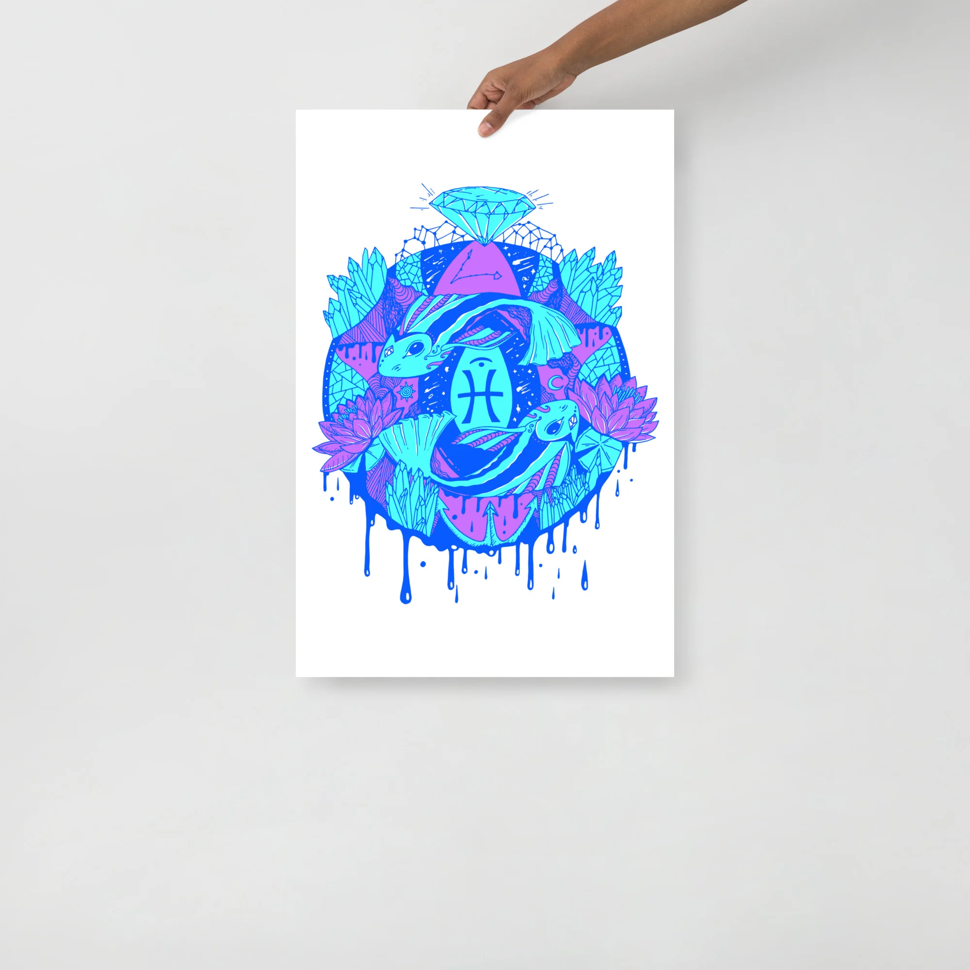 Pisces wall art featuring abstract blue and magenta fish with lotus flowers, diamonds, and dripping details on white background