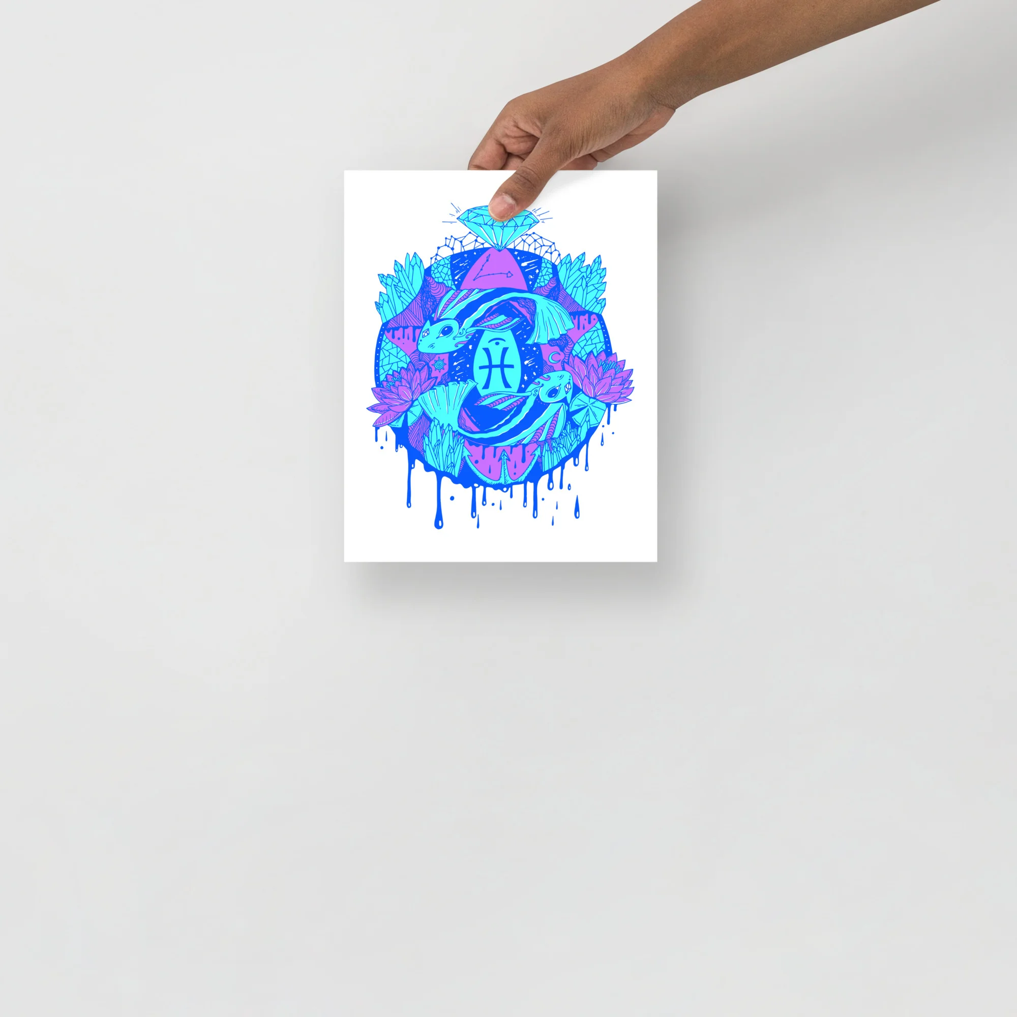 Pisces wall art featuring an abstract blue and magenta design with fish, lotus flowers, and zodiac symbol