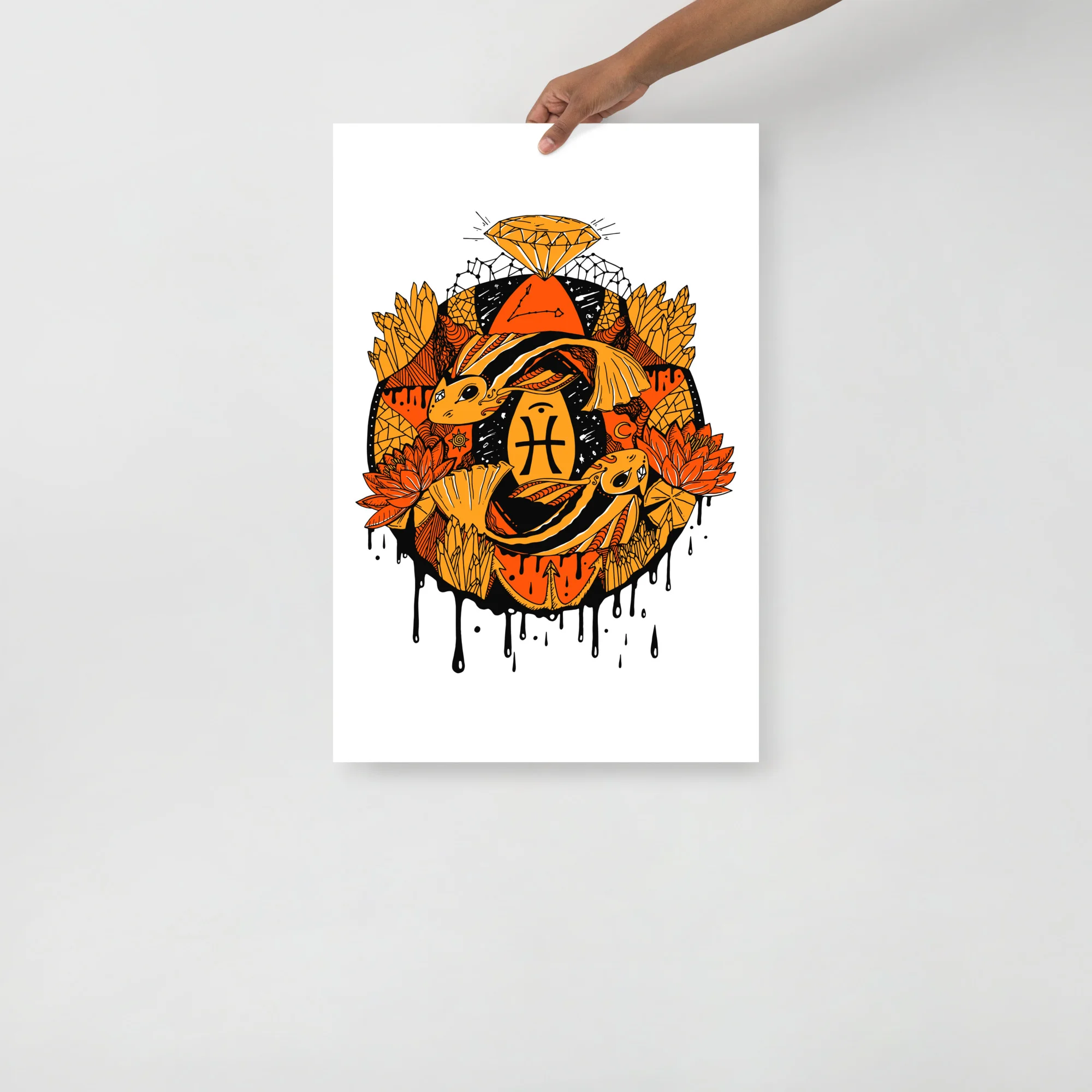 Mystic orange Pisces wall art print featuring zodiac symbol with fish, diamonds, and flowing botanical elements