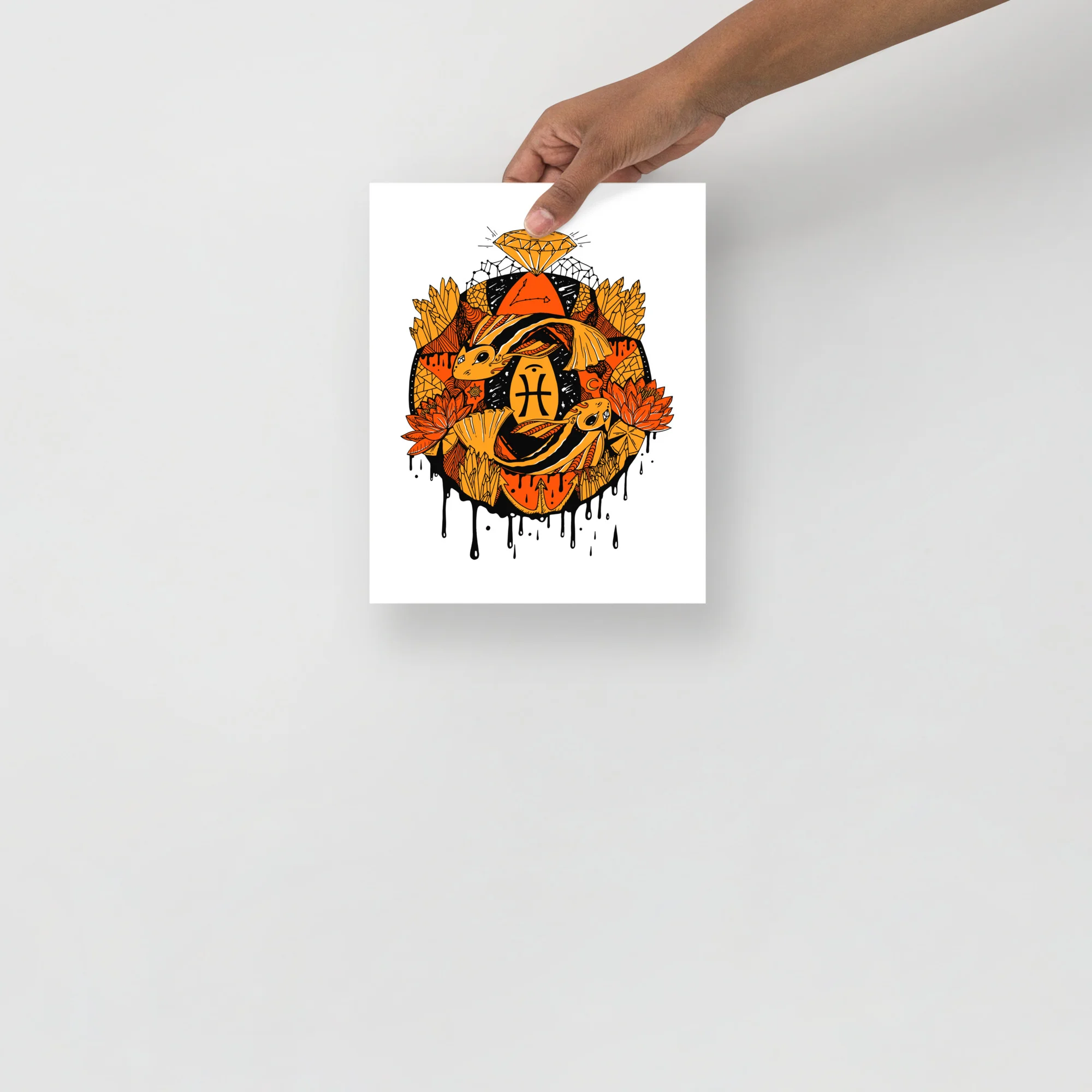 Pisces wall art print featuring orange and black zodiac fish design with flowers and dripping paint effect