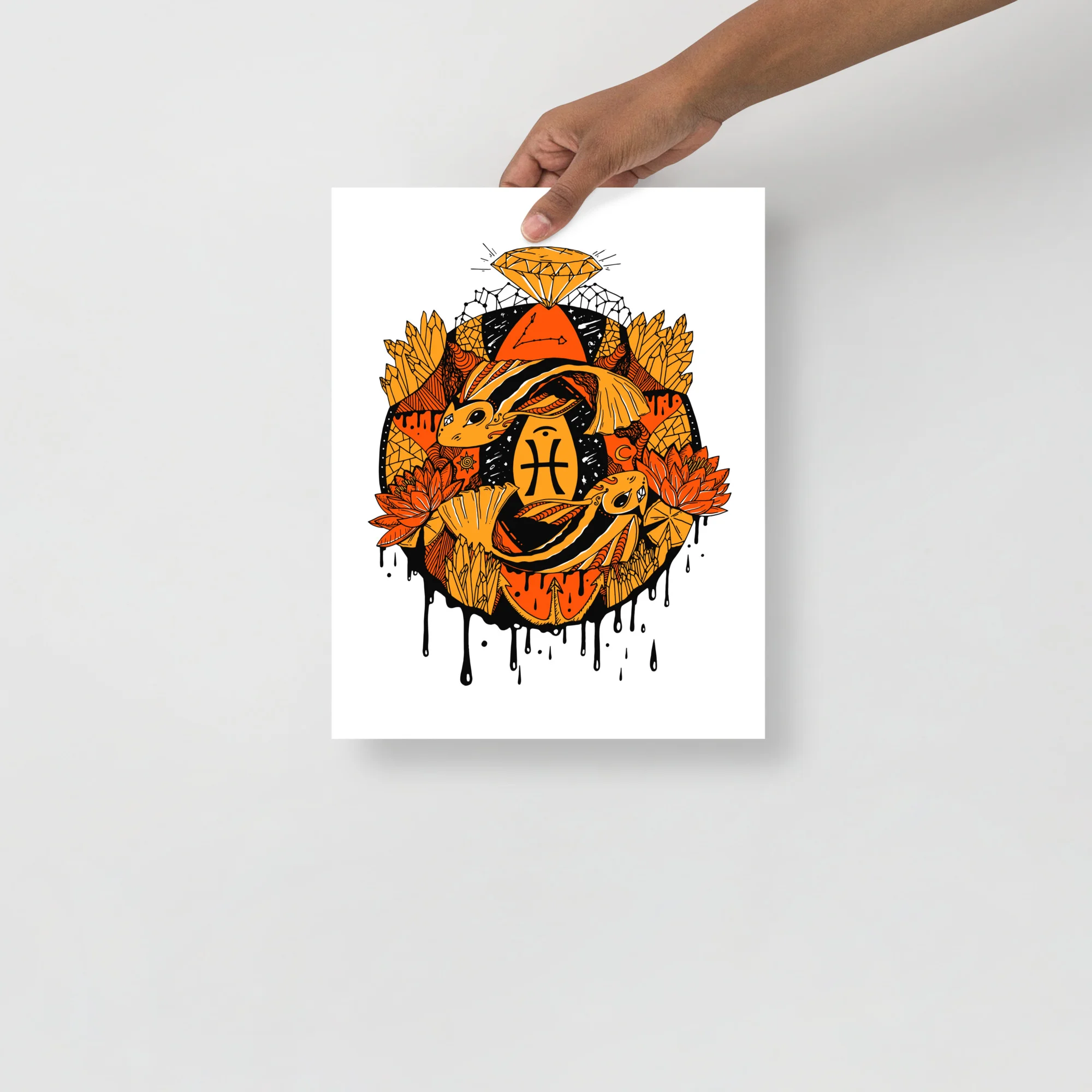 Mystic orange Pisces wall art print featuring fish, flowers, and celestial symbols with dripping details