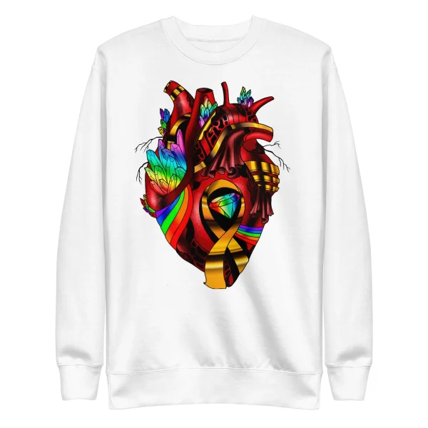 White pride heart sweatshirt featuring a colorful anatomical heart design with rainbow crystals and detailed artwork