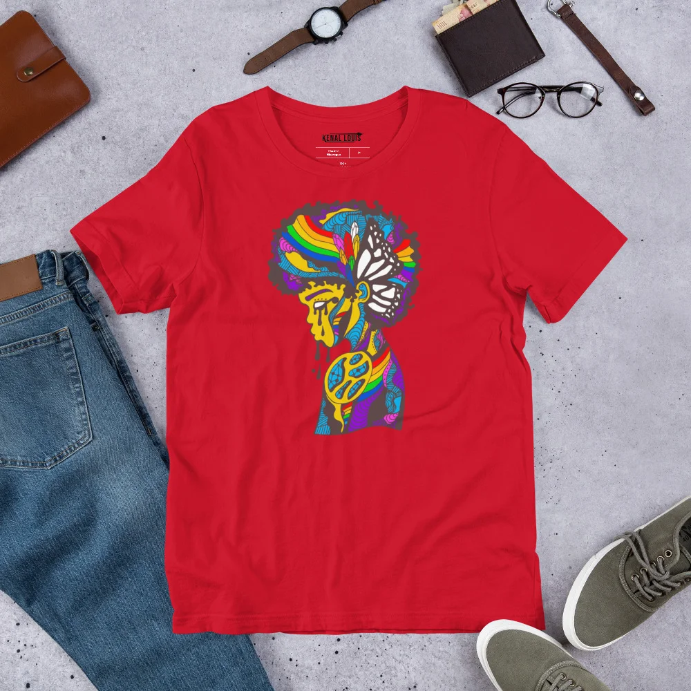 Red pride t-shirt with colorful rainbow butterfly and geometric design displayed flat with accessories