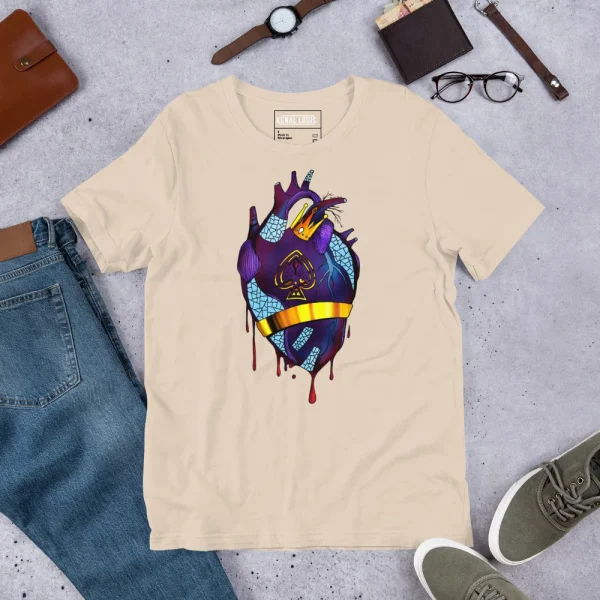 Cream purple heart t-shirt with royal blue and gold graphic design displayed flat with accessories