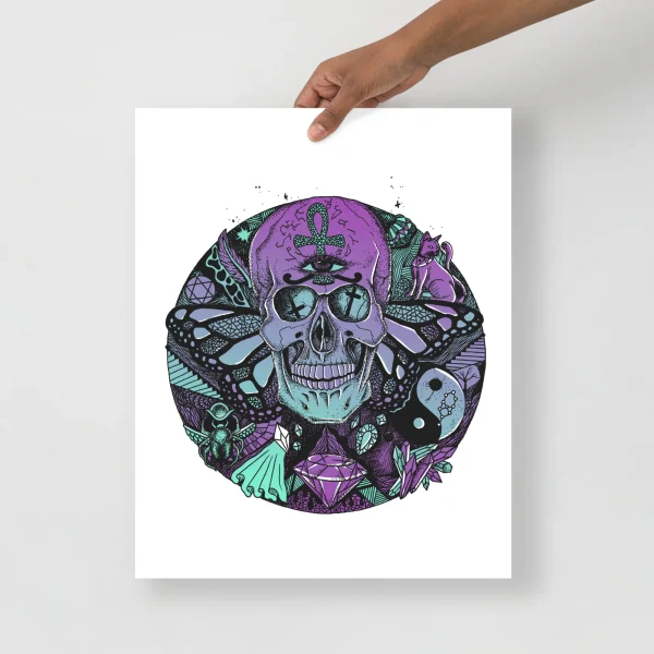 Purple skull art print featuring intricate circle of humanity design with teal and black details on white background