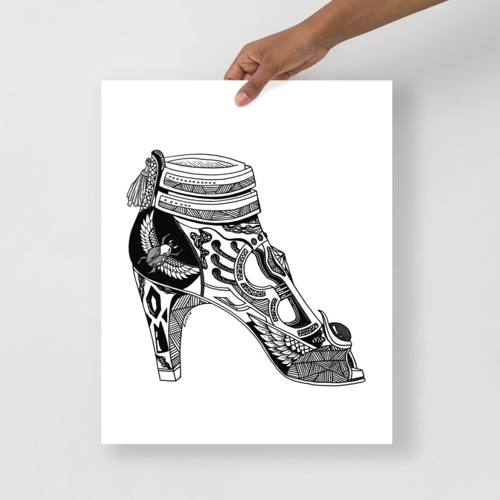 Bold queen and goddess art print highlighting glamorous high heel shoe illustration