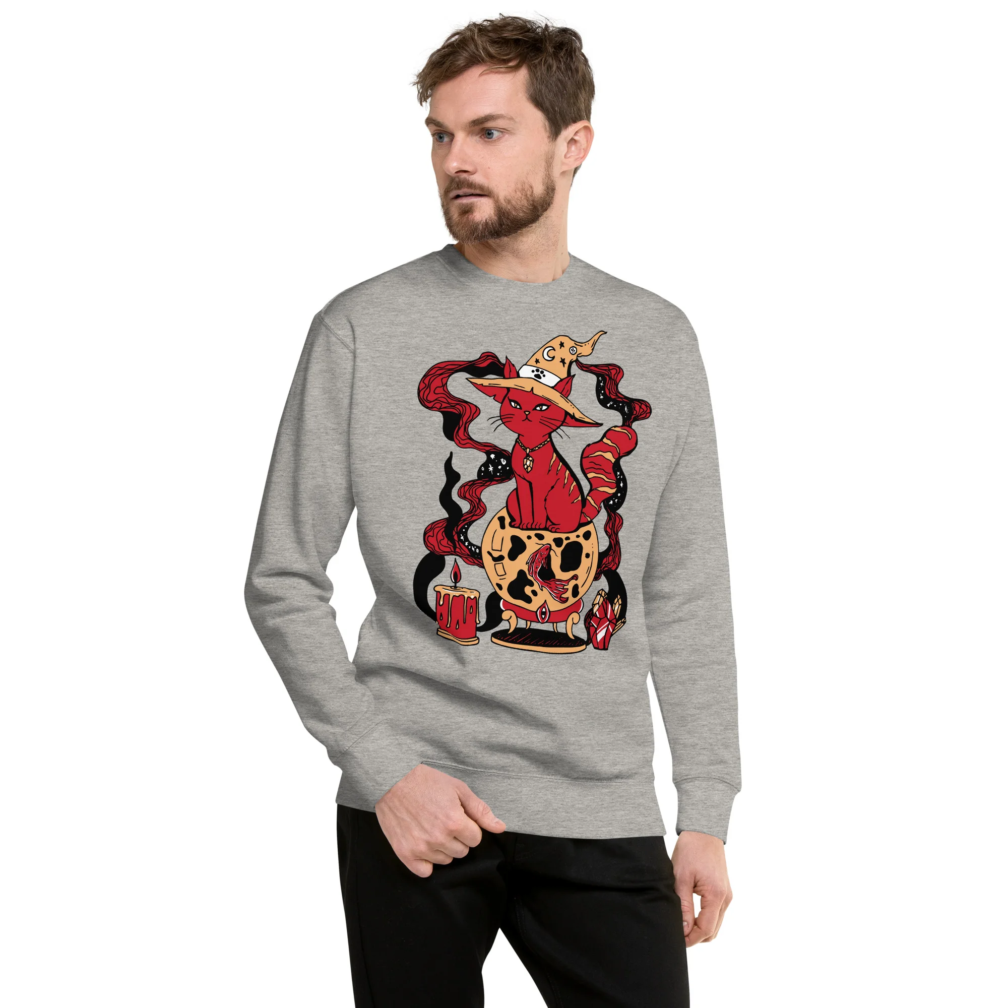 Man wearing grey red cat art sweatshirt featuring magical fortune design with stylized feline and decorative elements