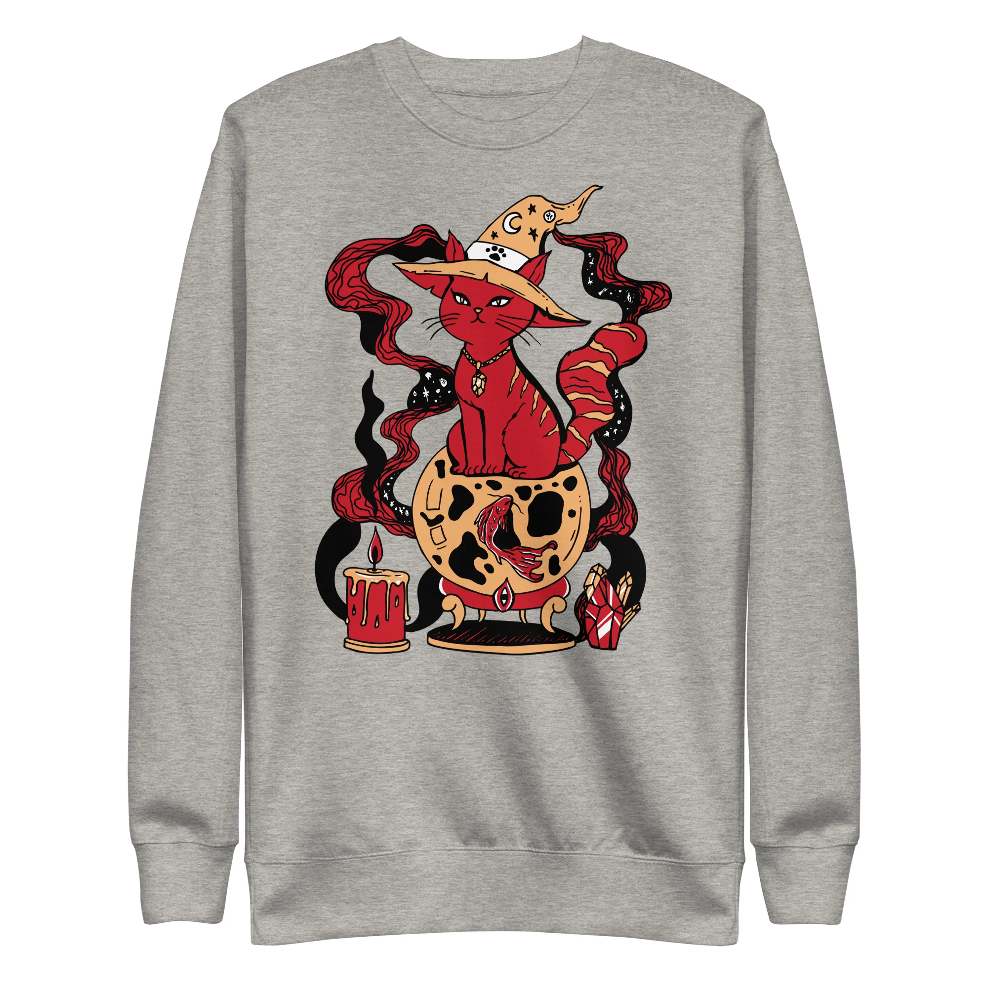 Red cat art sweatshirt featuring magical fortune design with mystical elements and candles on grey fabric