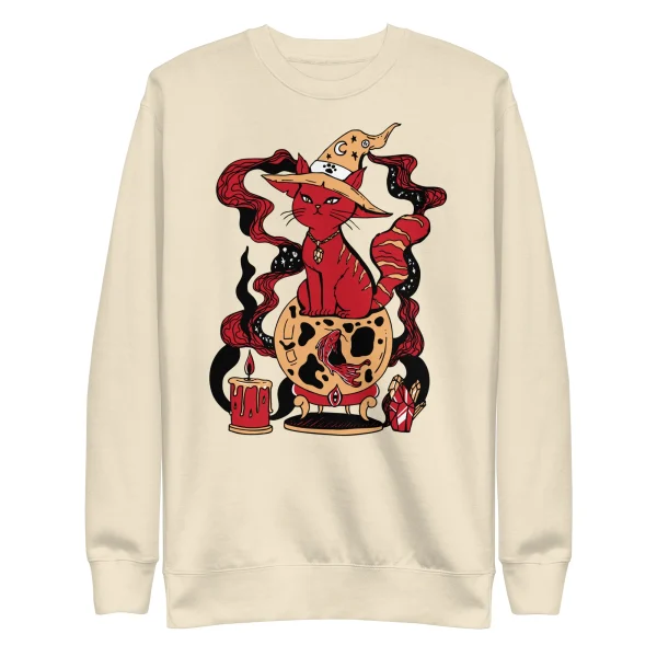 Red cat art sweatshirt featuring a magical fortune cat with mystical elements and ornate design on cream background