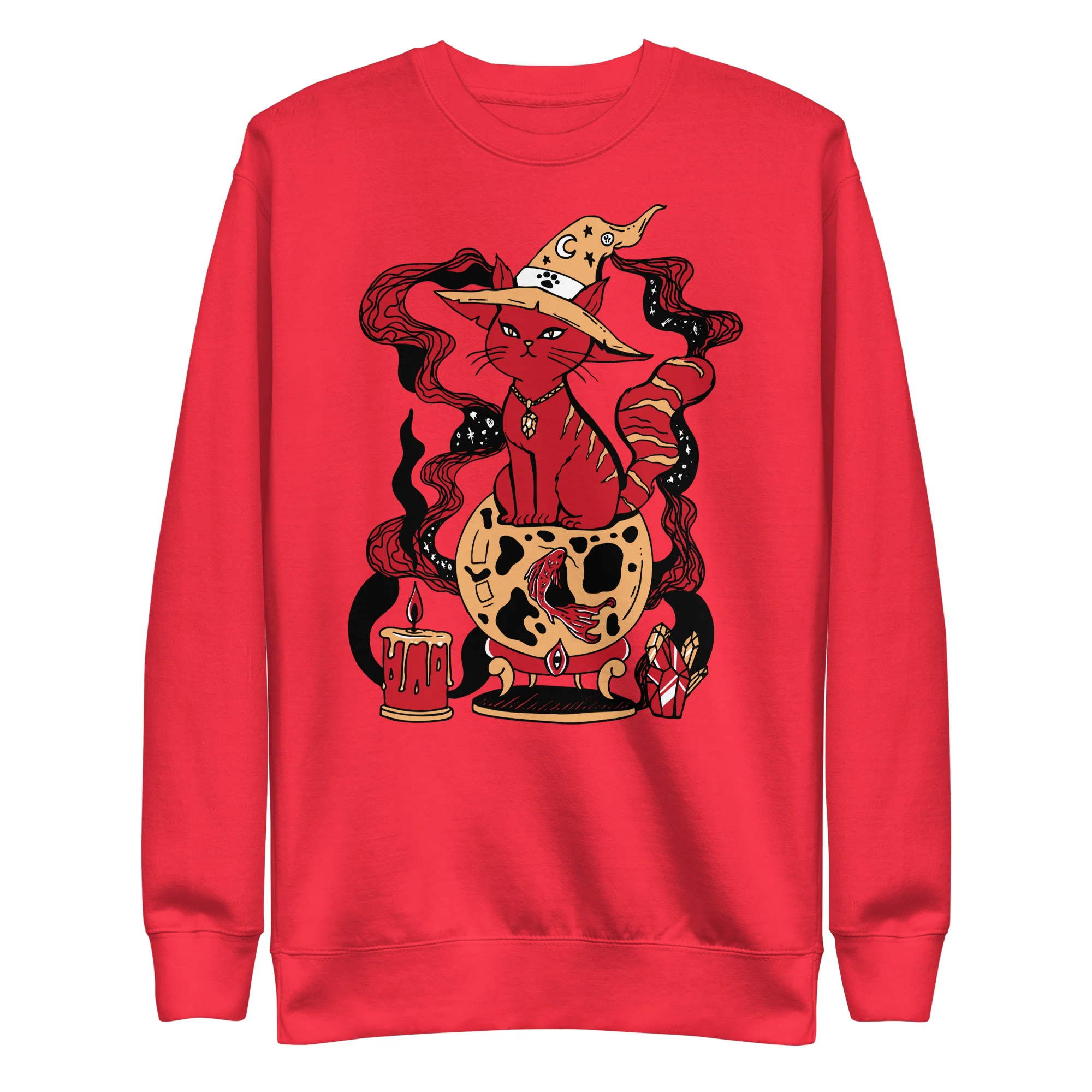 Red cat art sweatshirt featuring a magical fortune cat design with mystical elements and ornate details