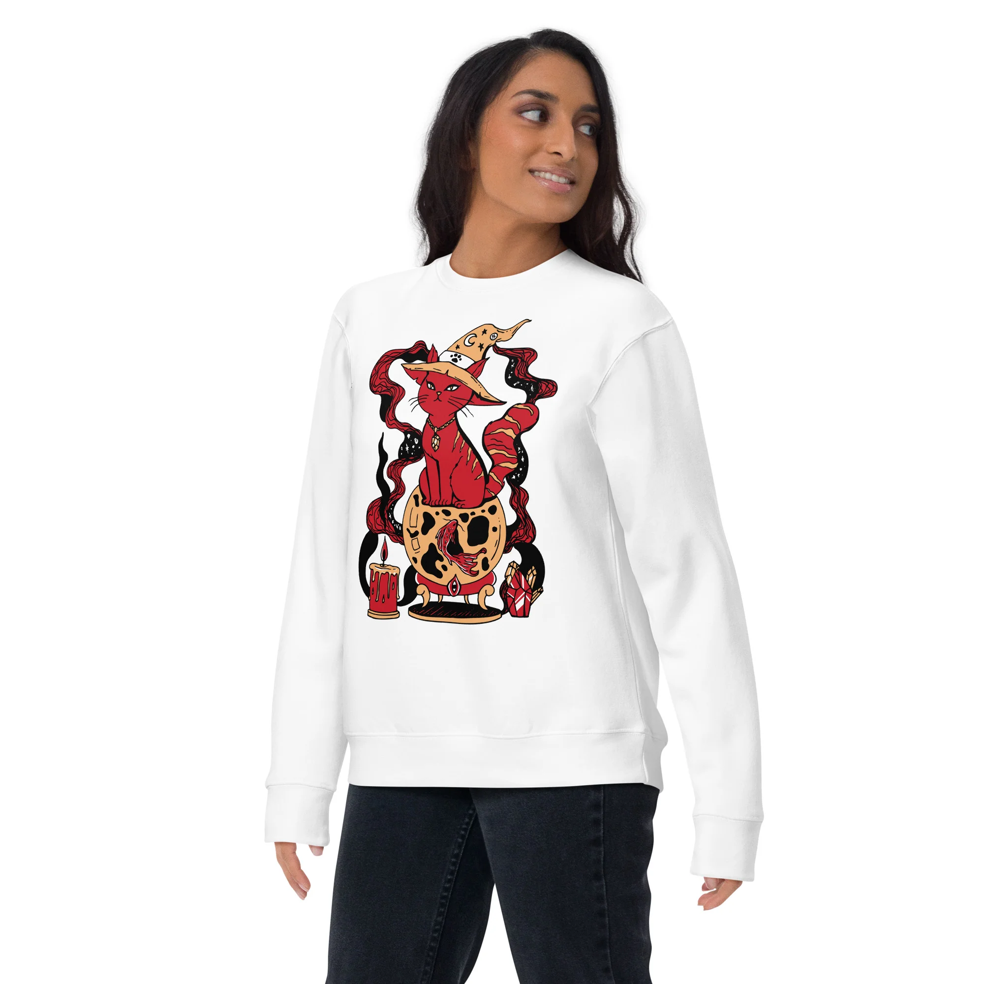 Woman wearing white red cat art sweatshirt with magical fortune design and fire-breathing cat graphic