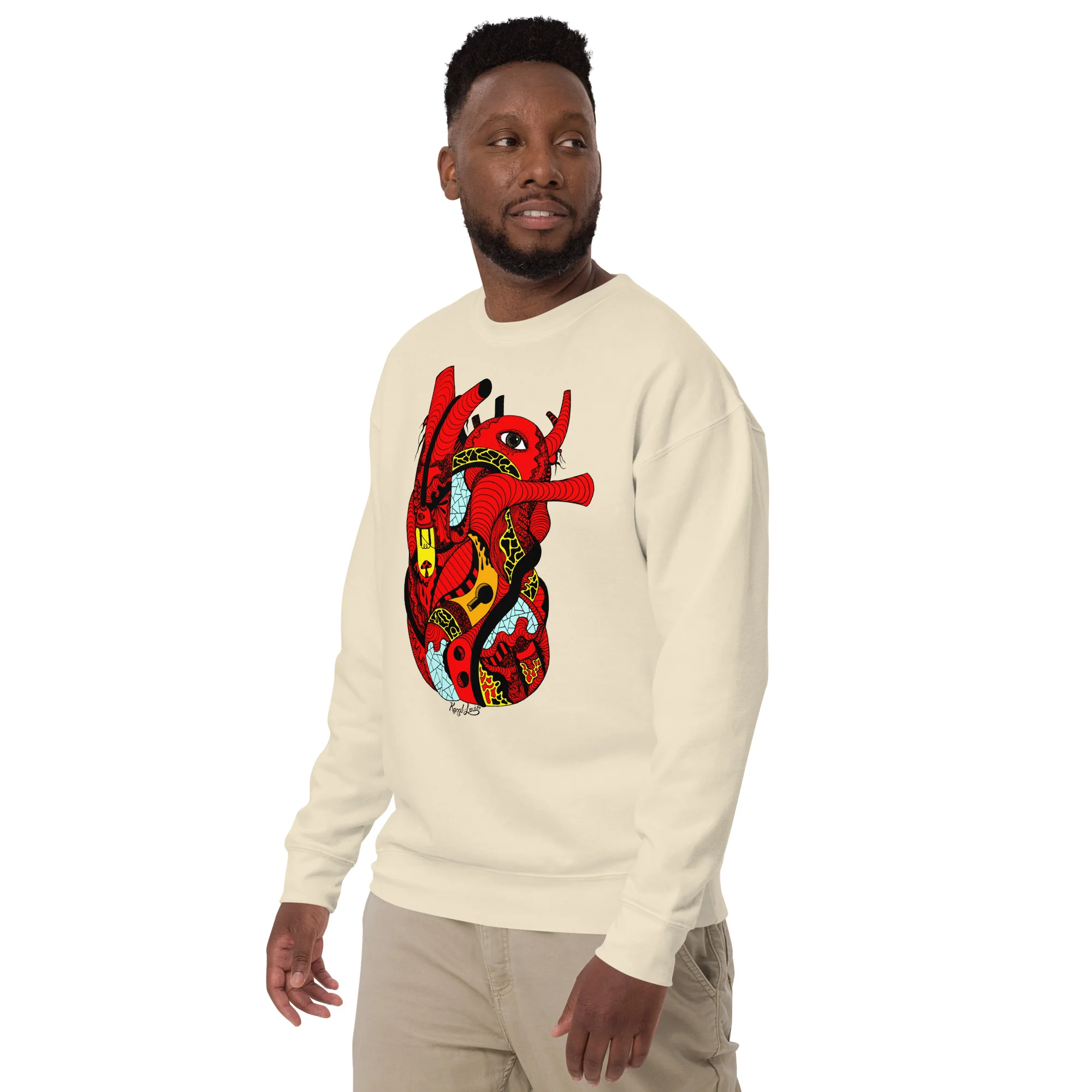 Man wearing cream red heart sweatshirt with bold graphic design and ribbed cuffs