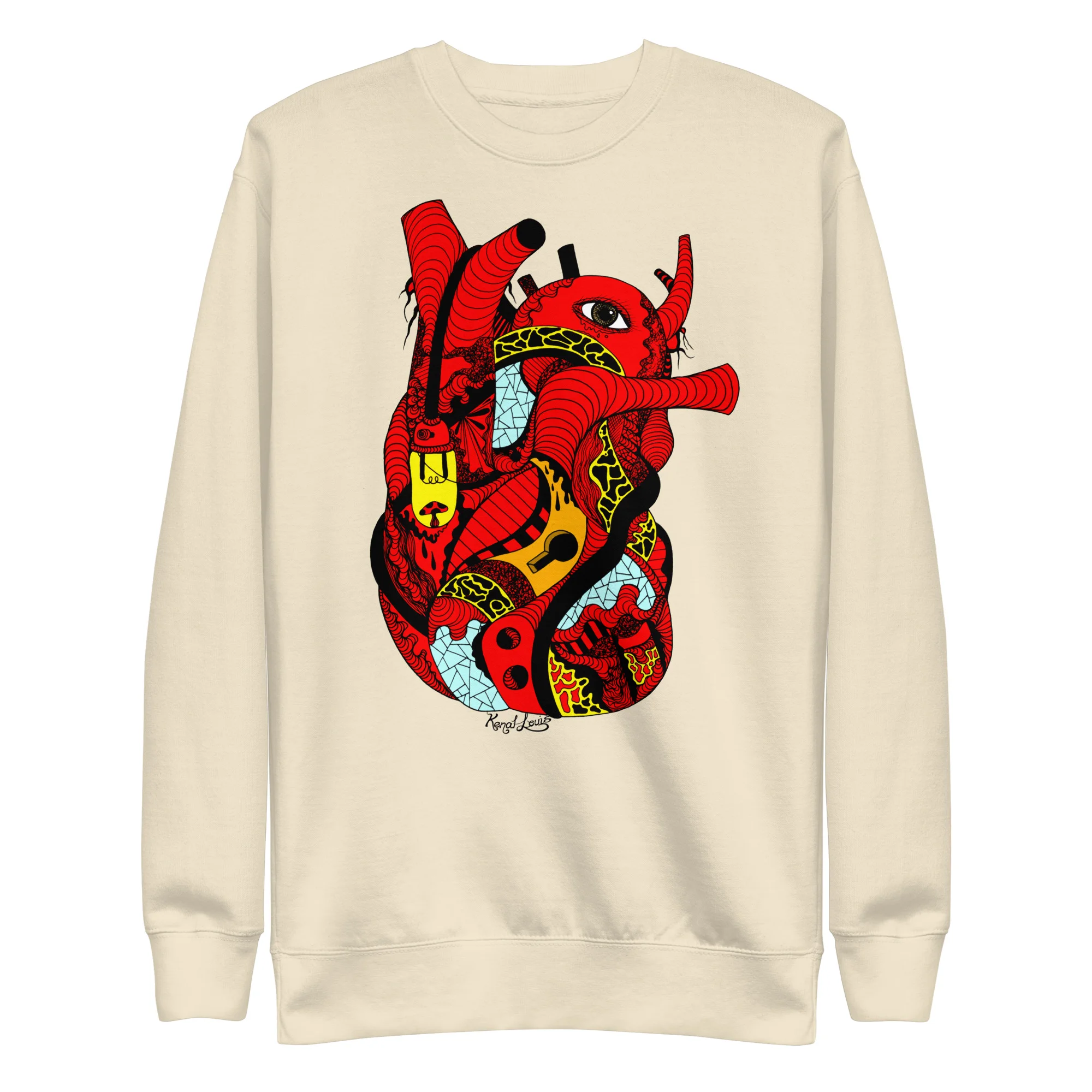 Cream red heart sweatshirt featuring bold red anatomical heart graphic with yellow and black accents