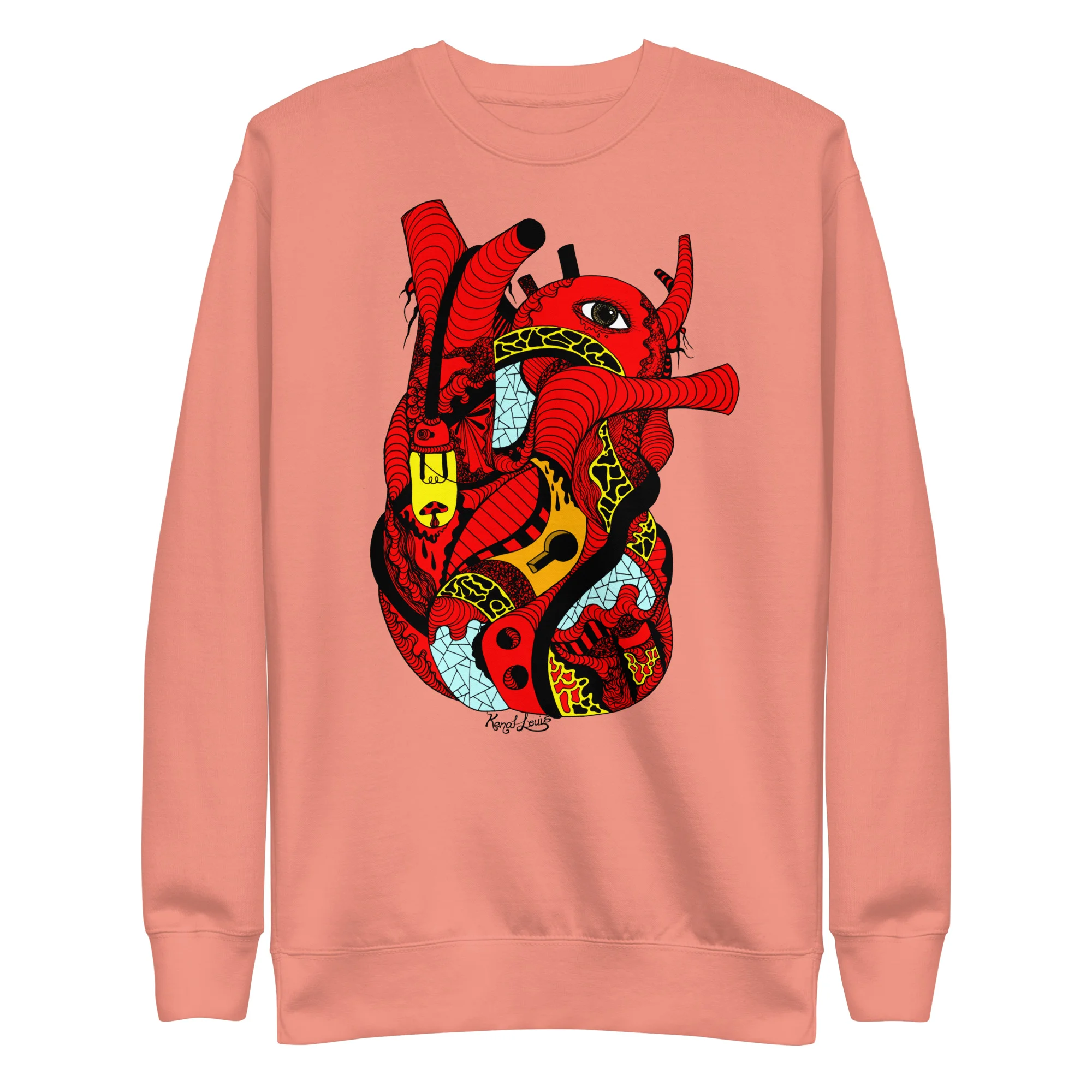 Dusty rose red heart sweatshirt featuring bold graphic art with anatomical design and yellow accents