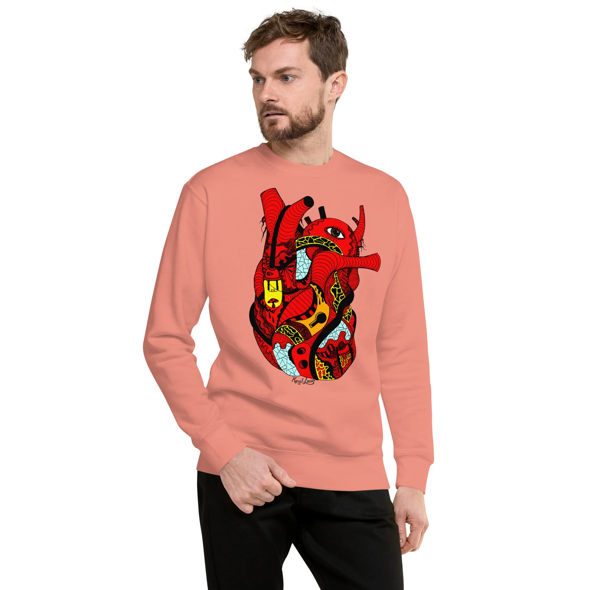 Man wearing dusty rose red heart sweatshirt with bold graphic art design and ribbed crew neckline