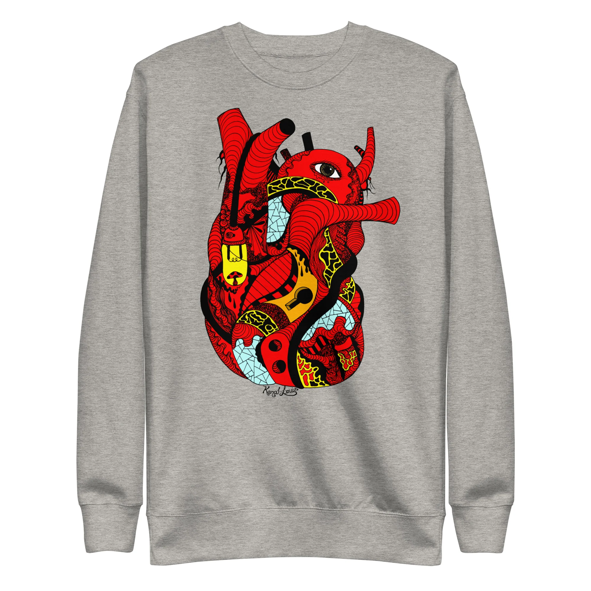 Grey red heart sweatshirt featuring bold red-light heart artwork with yellow and white accents
