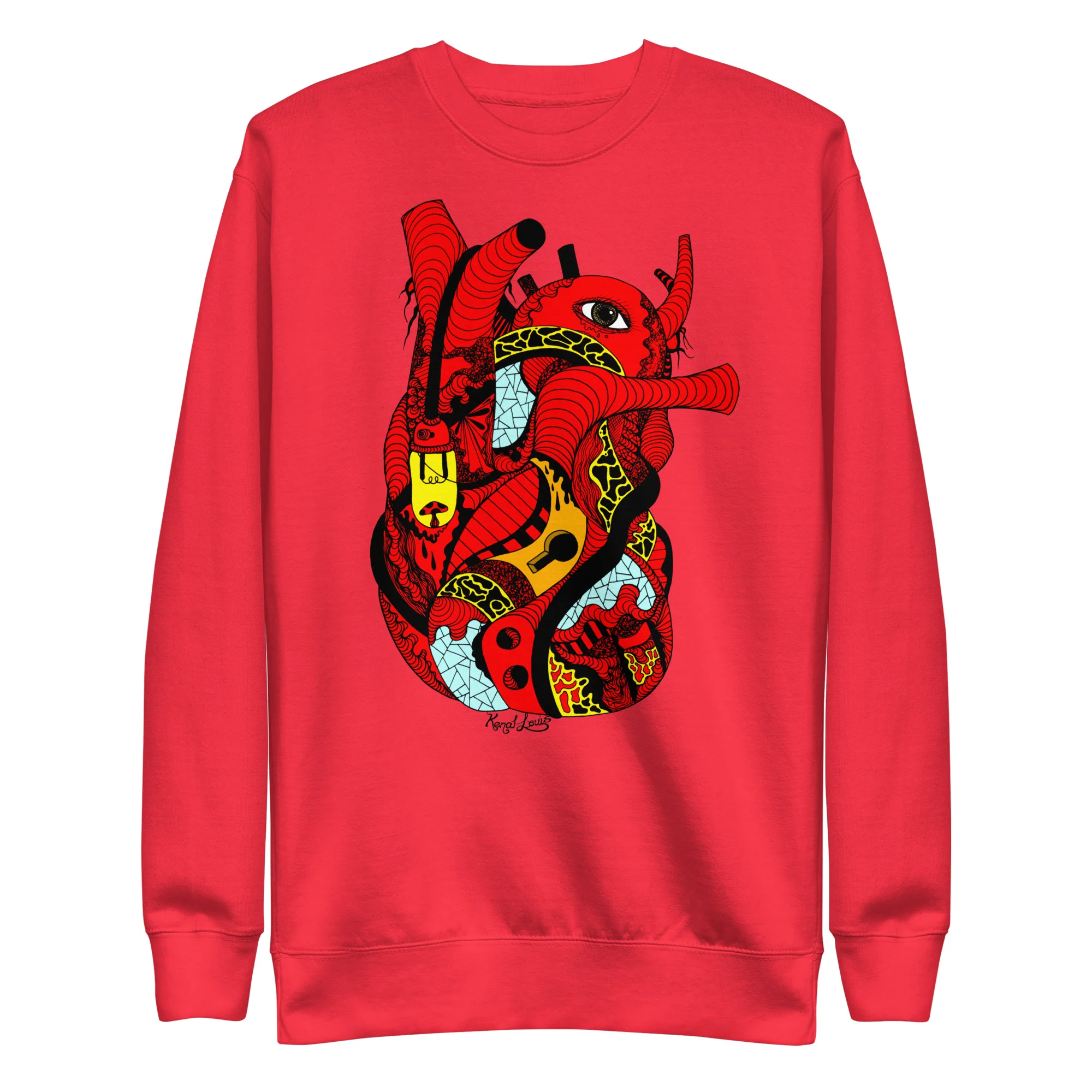 Red heart sweatshirt with bold red-light heart graphic design and yellow accents on front
