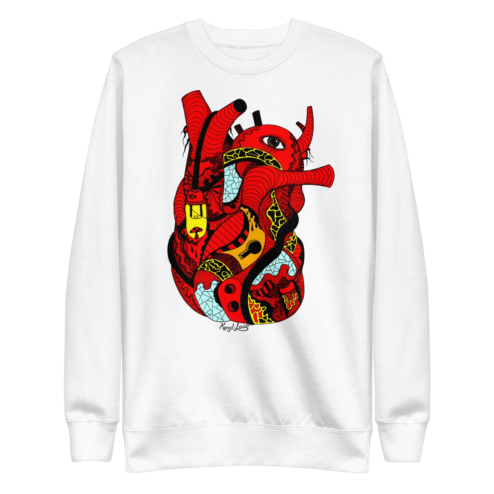 White red heart sweatshirt with bold artistic graphic design and crew neckline