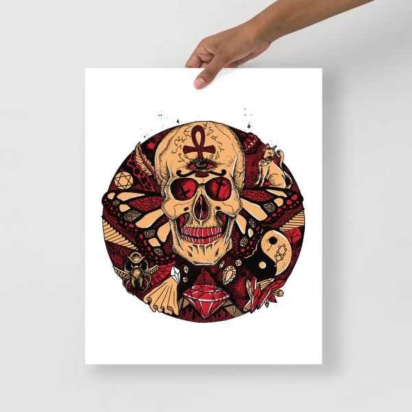 Red skull art print featuring intricate circle of humanity design with ornate patterns, mystical symbols, and detailed linework in red and black tones.