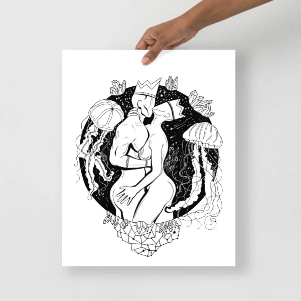 Romantic artwork for bedroom featuring a mystical owl mandala with intricate black and white pen ink design and celestial elements