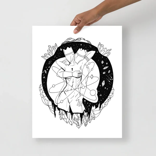 Romantic couple art print featuring two lovers in an intimate embrace surrounded by celestial elements and floral details in minimalist line work.