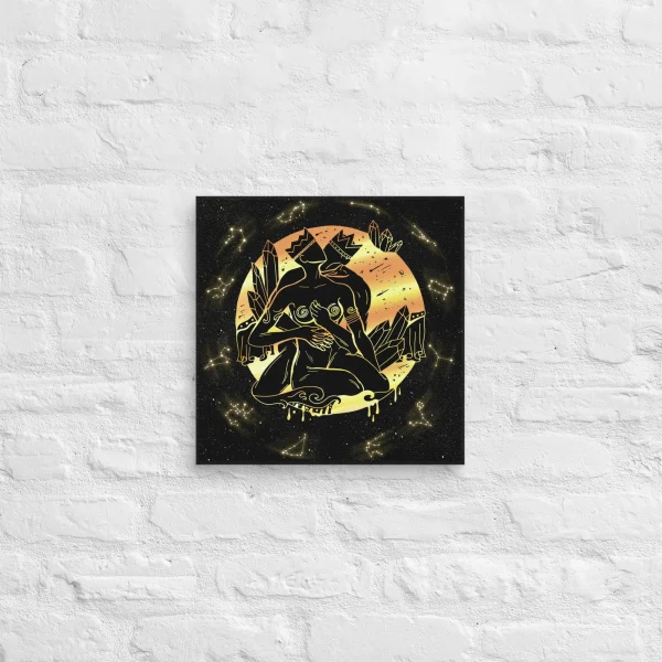 Romantic lovers canvas wall art featuring black and gold mystical figures with celestial moon and constellation details on starry background