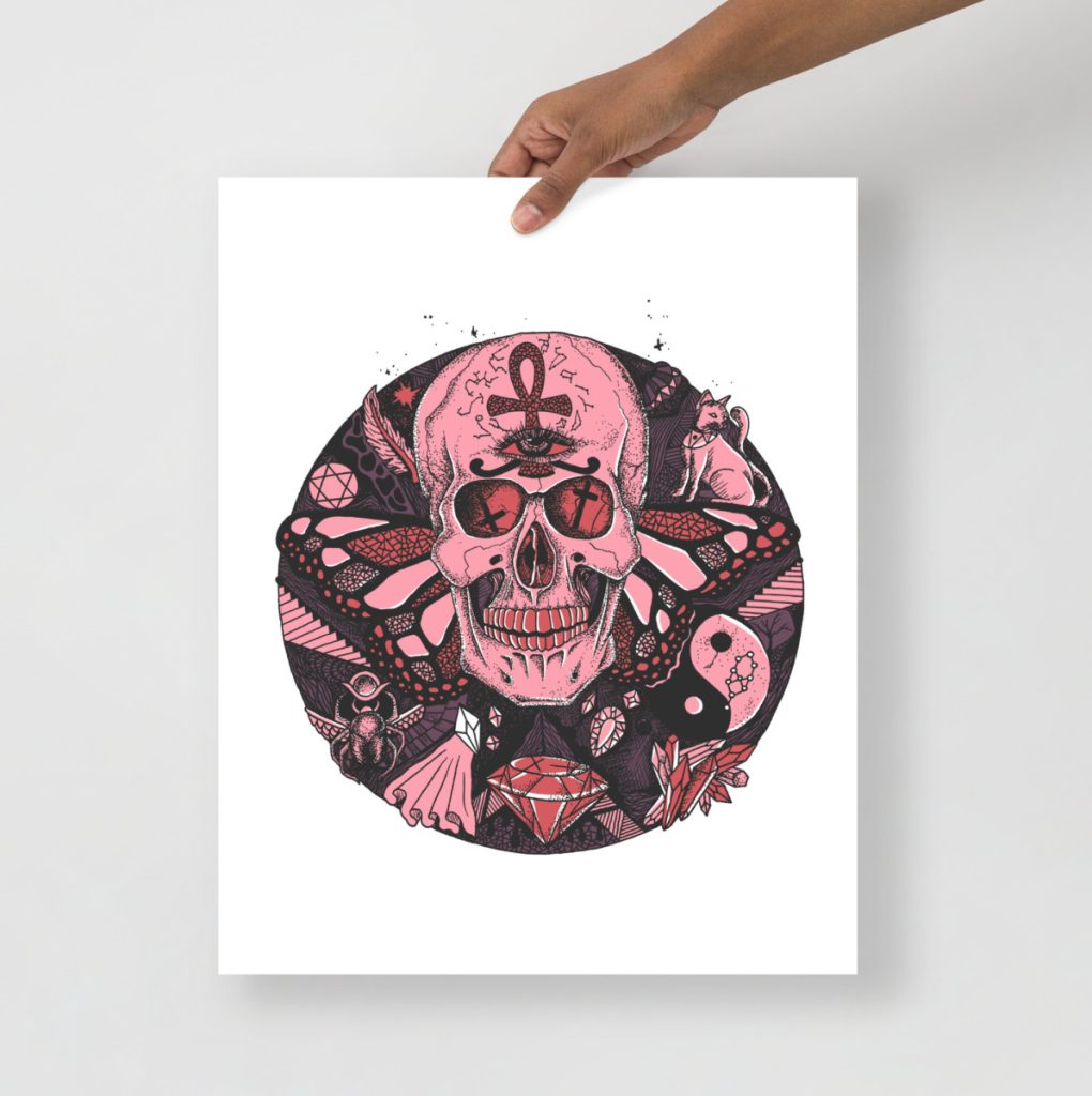 Mauve skull rose art print depicting the interconnected circle of humanity