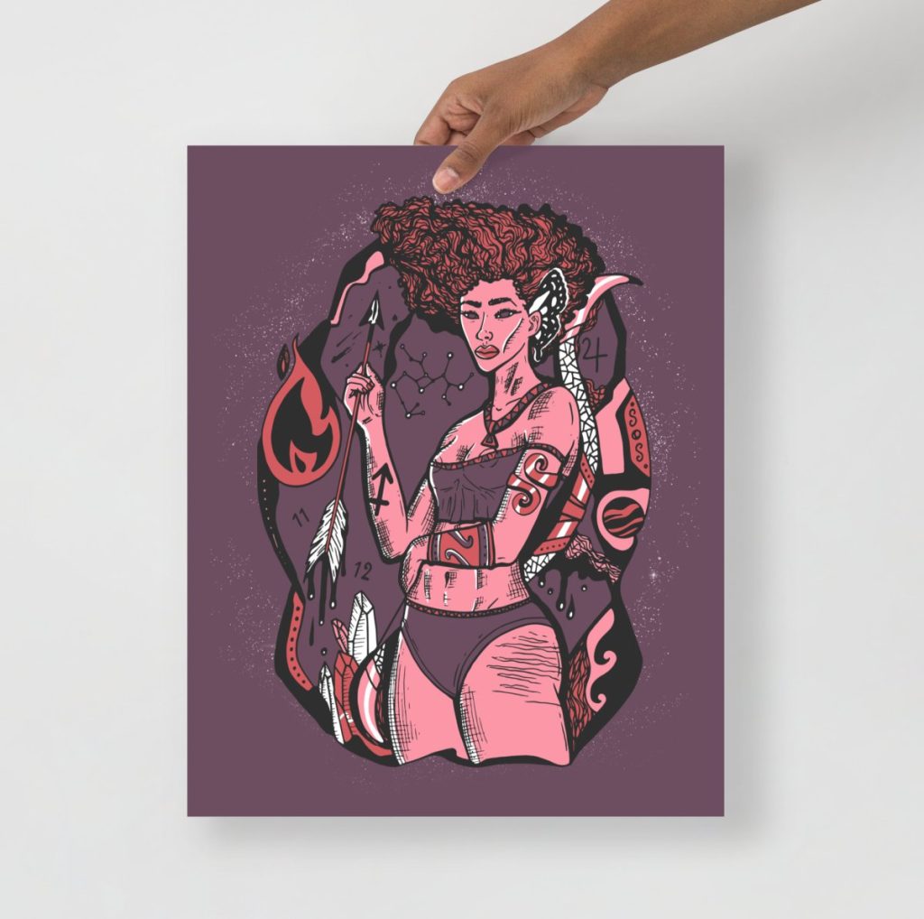 Sagittarius goddess rose art print featuring mauve tones and celestial archer wall decor