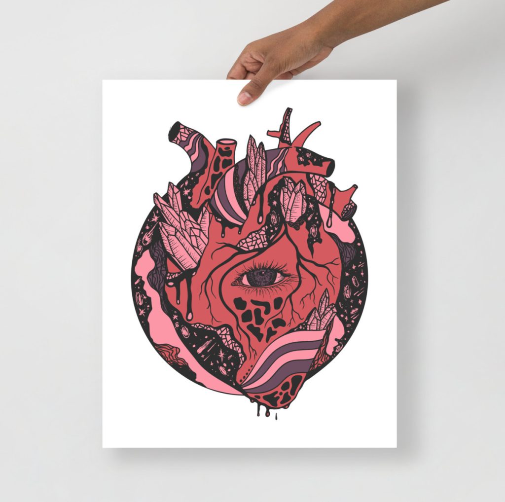 Cosmic anatomical heart rose art print glowing with mauve celestial energy