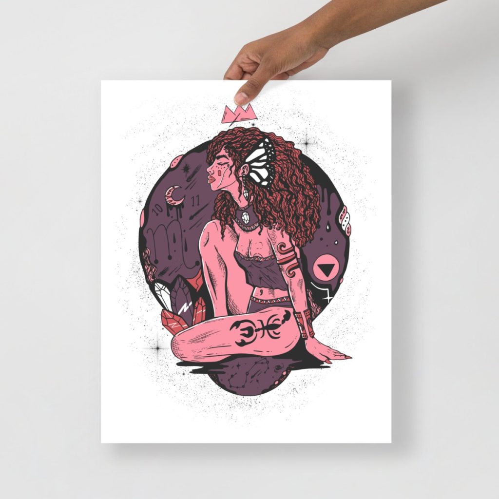 Scorpio goddess zodiac rose art prints in rich mauve wall decor style