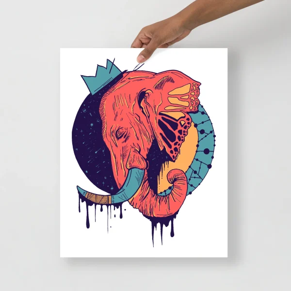 Royal elephant with a crown hand-drawn illustration art print by Kenal Louis, available in three sizes on thick matte paper