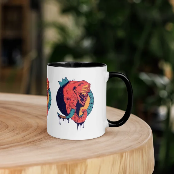 Colorful ceramic elephant mug featuring a crowned elephant crown illustration drawing on a vibrant cup with tinted rim and handle