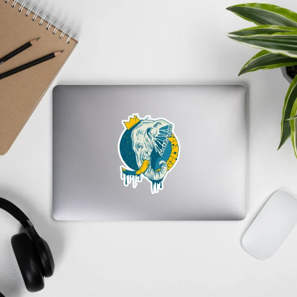 Royal elephant sticker with crown illustration by Kenal Louis, printed on durable high-opacity adhesive vinyl in three sizes
