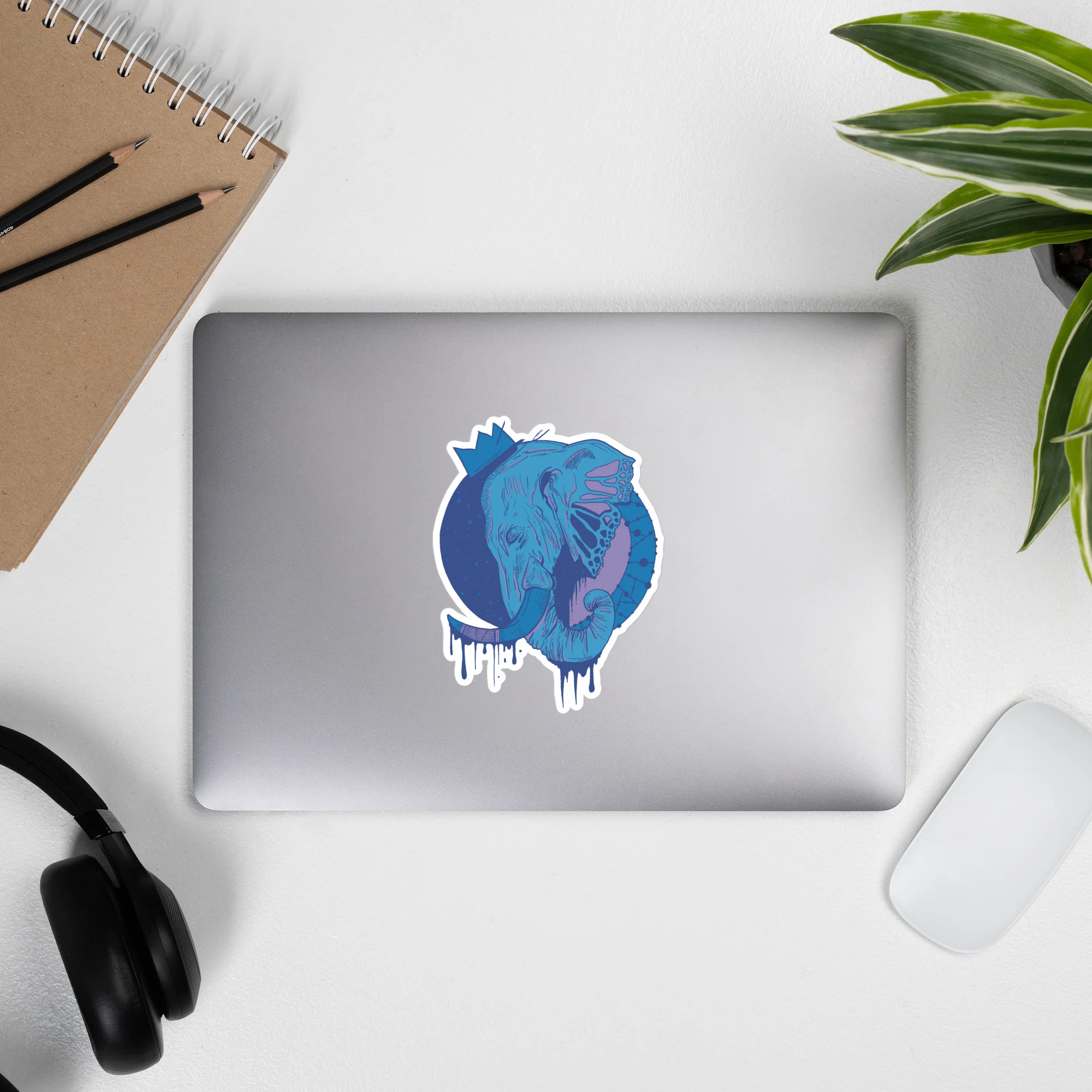 Elephant stickers featuring a royal crown illustration drawing by Kenal Louis, printed on durable adhesive vinyl in three sizes